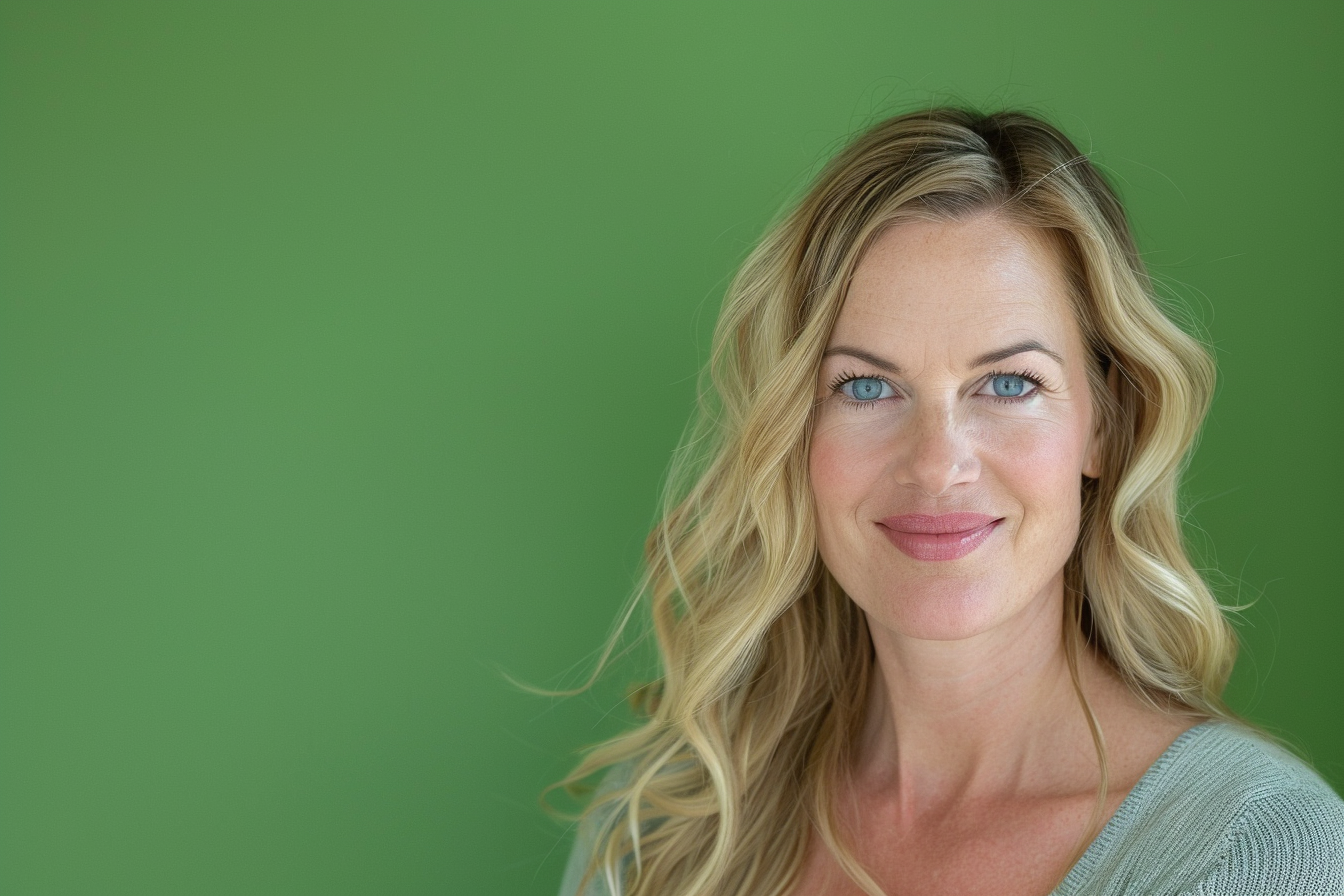 Image gratuite Mère blonde yeux bleus jour fête mères fond vert 1