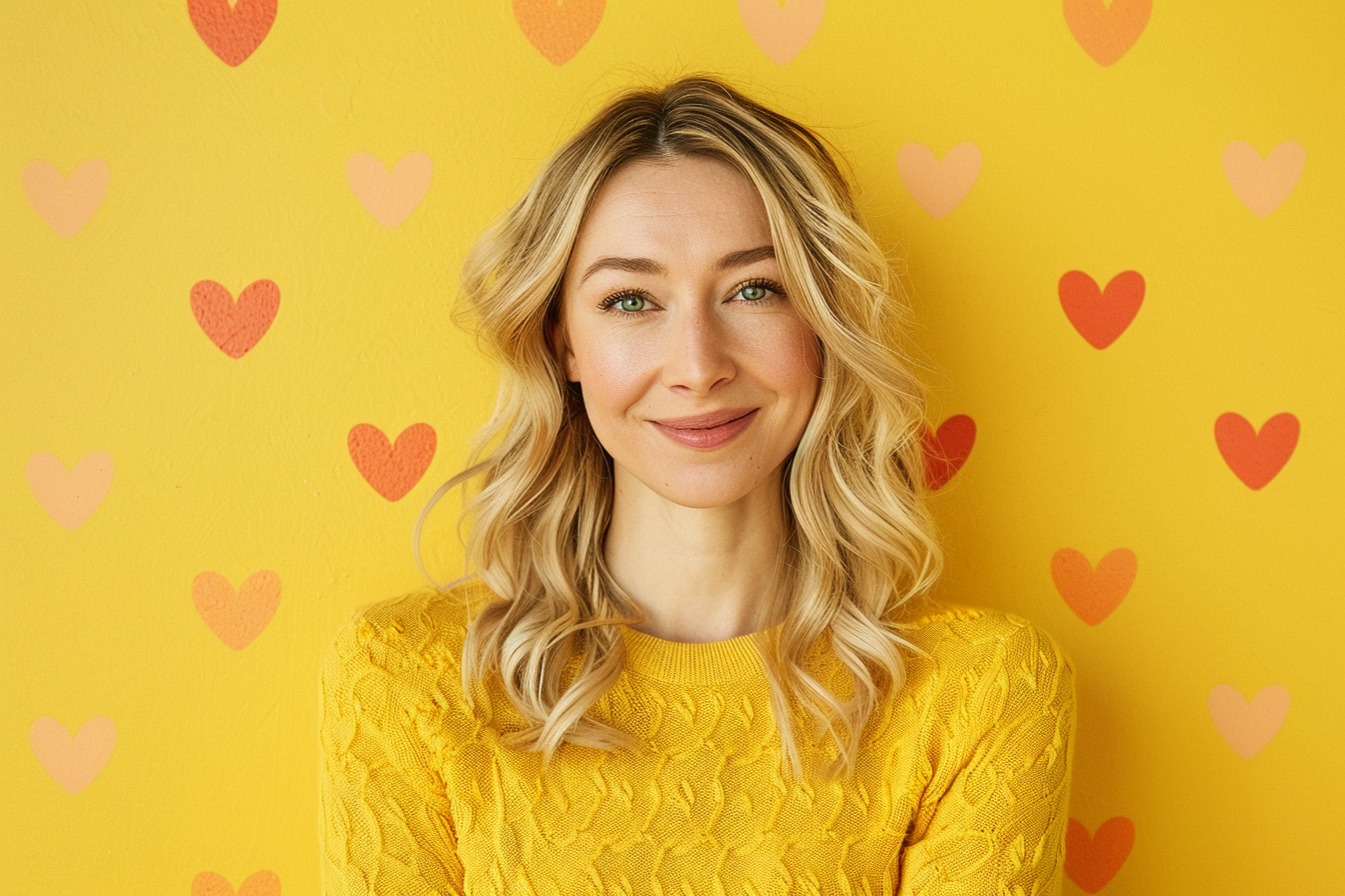 Image gratuite Mère blonde yeux verts fête mères fond jaune 1