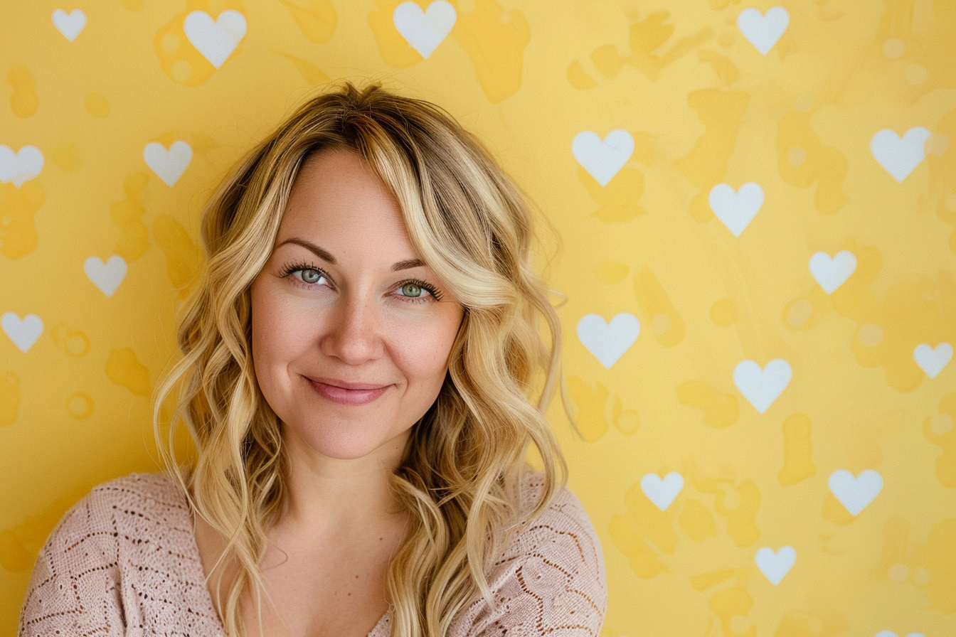 Image gratuite Mère blonde yeux verts fête mères fond jaune 2