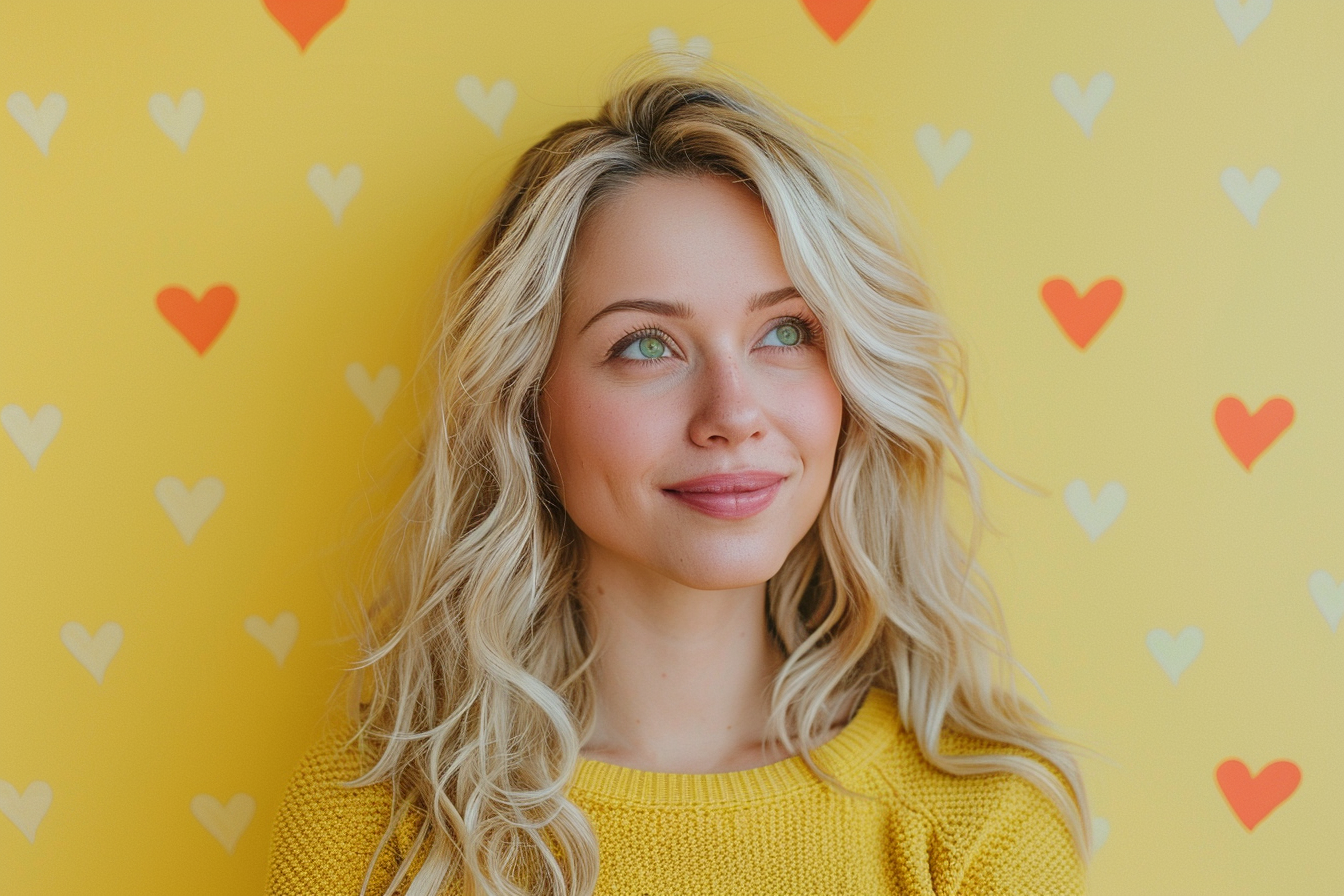 Image gratuite Mère blonde yeux verts fête mères fond jaune 3