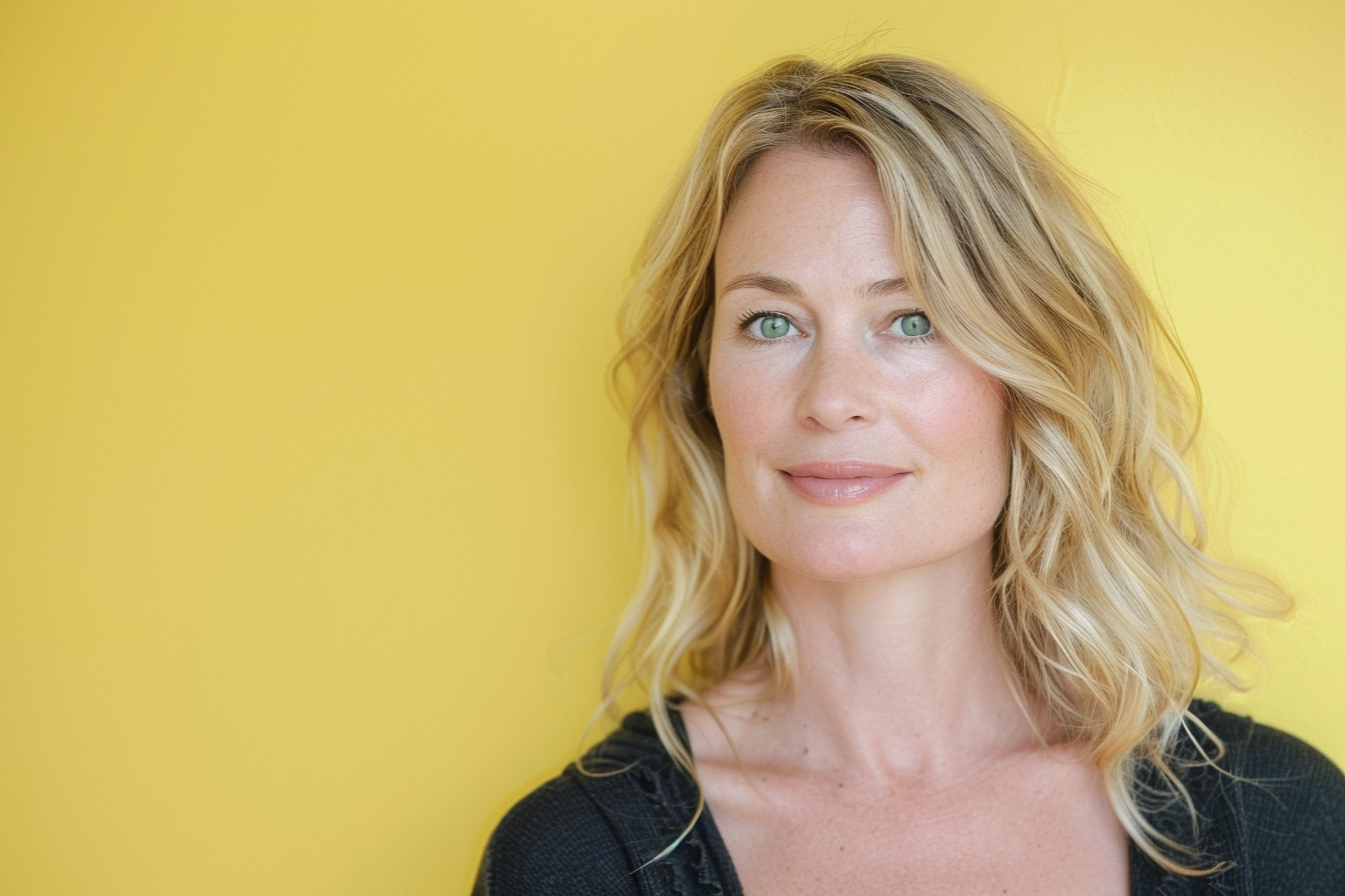 Image gratuite Mère blonde yeux verts jour fête mères fond jaune 1