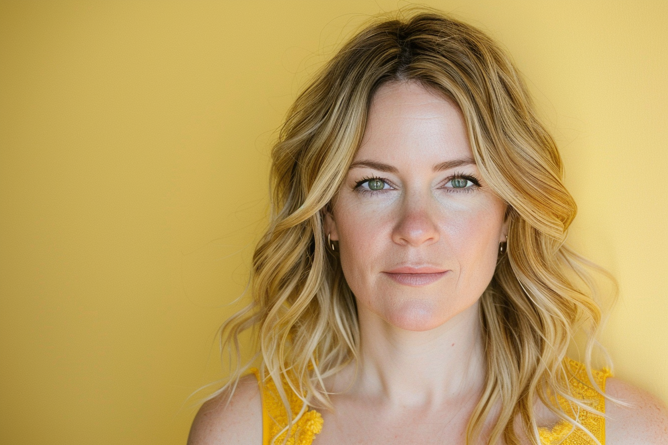 Image gratuite Mère blonde yeux verts jour fête mères fond jaune 2