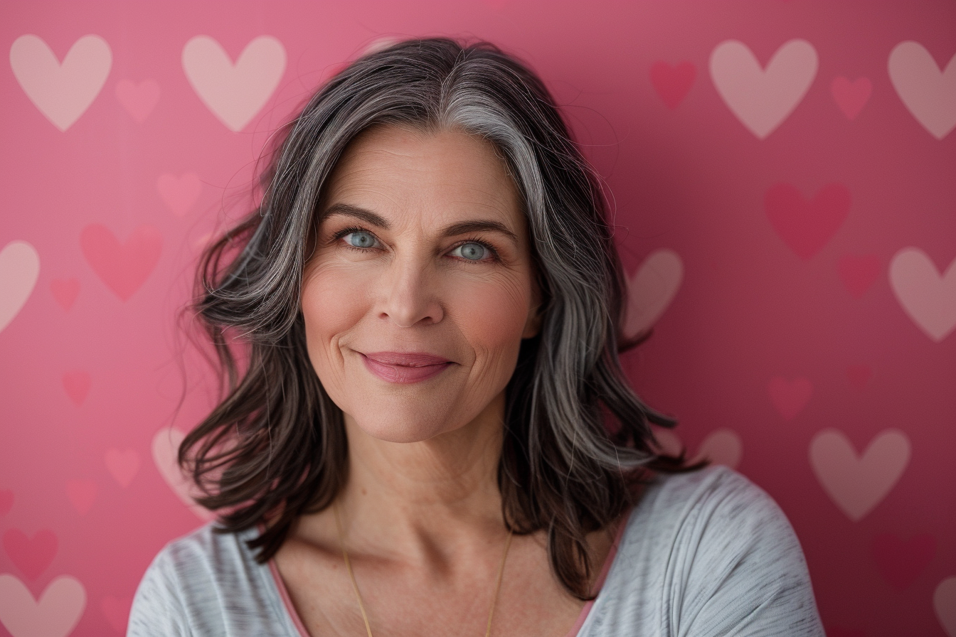 Image gratuite Mère brune yeux bleus fête mères fond rose 1