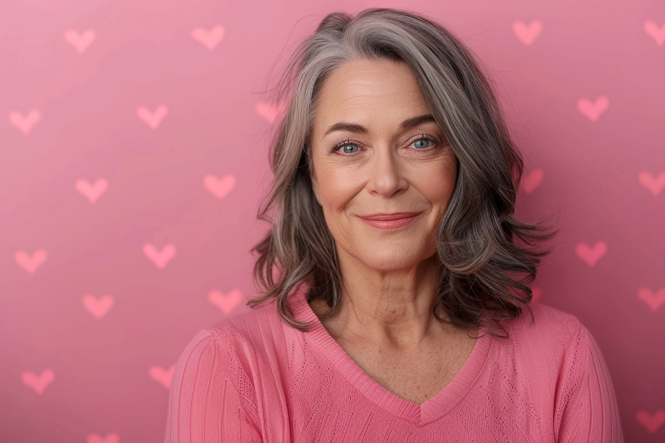 Image gratuite Mère brune yeux bleus fête mères fond rose 2