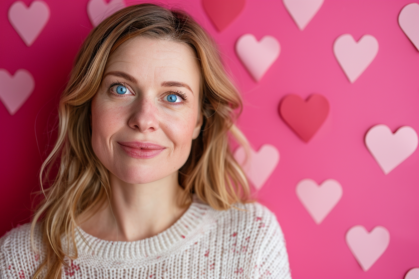 Image gratuite Mère caucasienne blonde yeux bleus fête mères fond rose 1