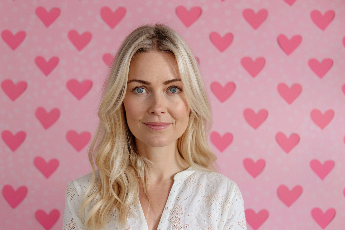 Image gratuite Mère caucasienne blonde yeux bleus fête mères fond rose 2