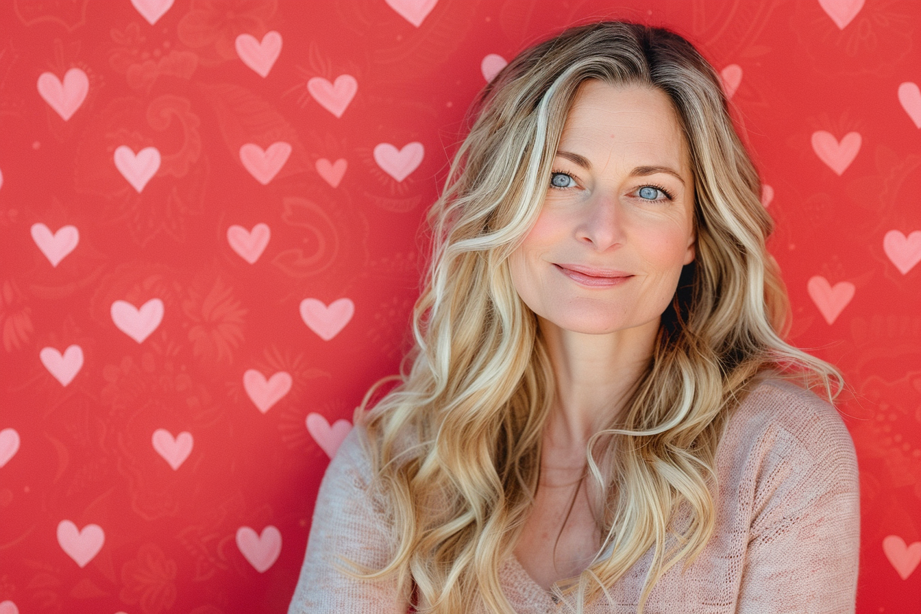 Image gratuite Mère caucasienne blonde yeux bleus fête mères fond rouge 1