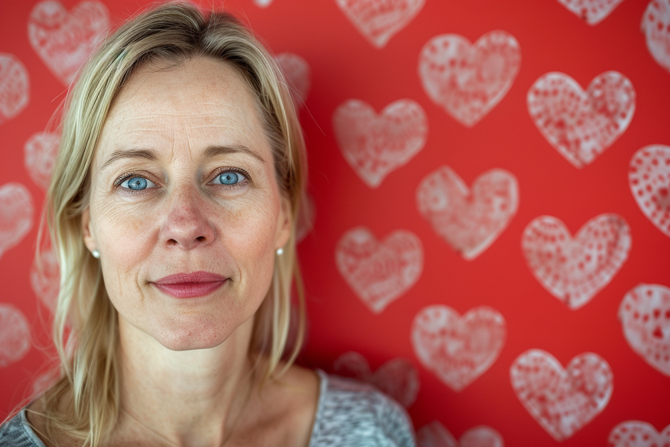 Image gratuite Mère caucasienne blonde yeux bleus fête mères fond rouge 2