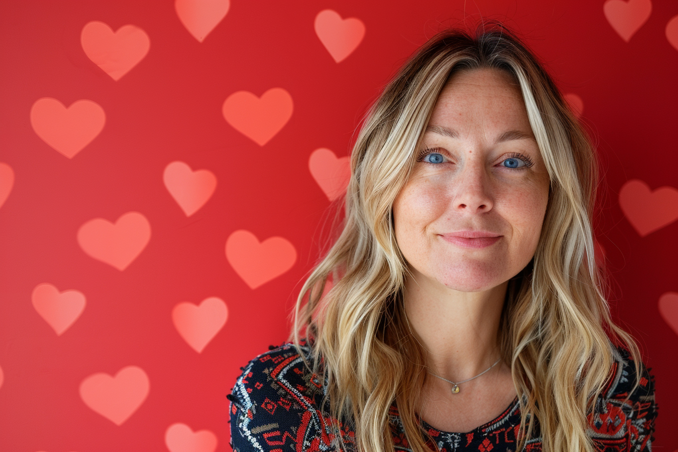 Image gratuite Mère caucasienne blonde yeux bleus fête mères fond rouge 3