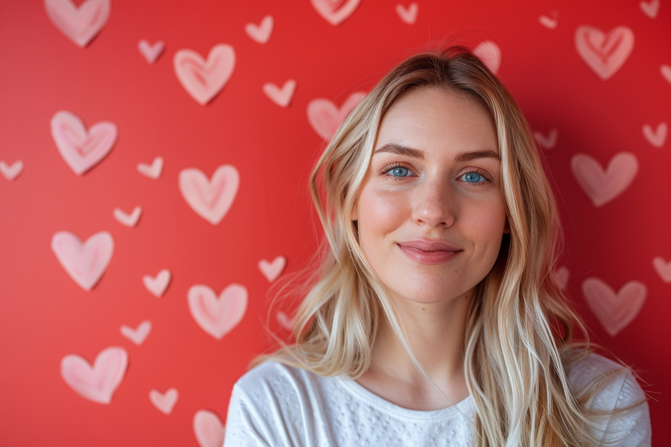 Image gratuite Mère caucasienne blonde yeux bleus fête mères fond rouge 4