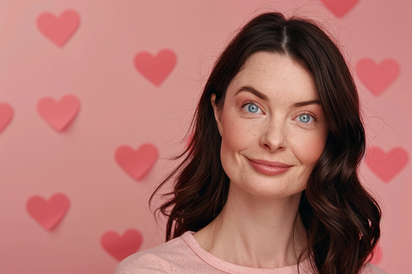 Image gratuite Mère caucasienne brune yeux bleus fête mères fond rose 1