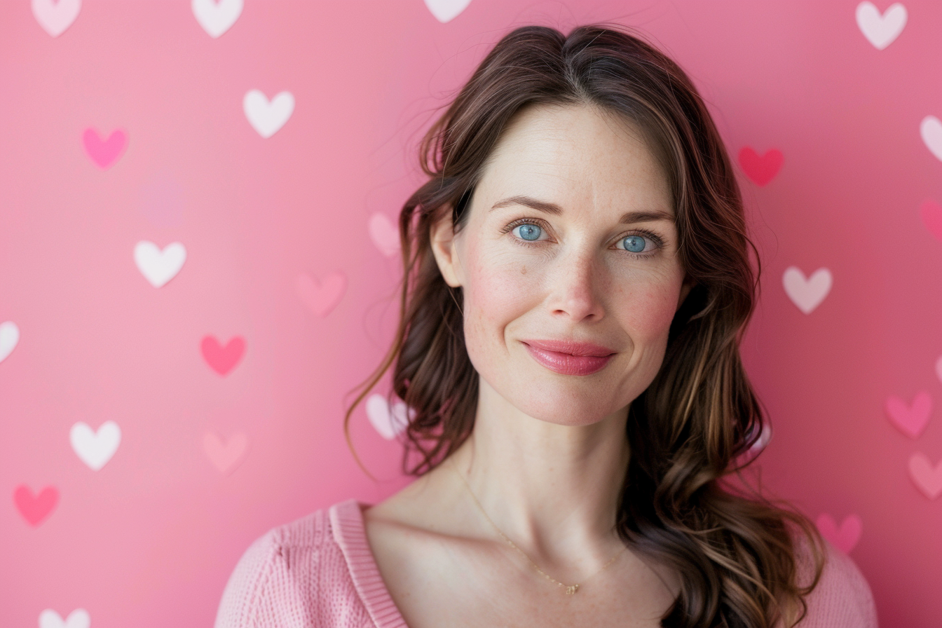 Image gratuite Mère caucasienne brune yeux bleus fête mères fond rose 2