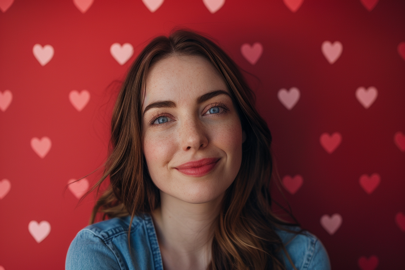 Image gratuite Mère caucasienne brune yeux bleus fête mères fond rouge 2