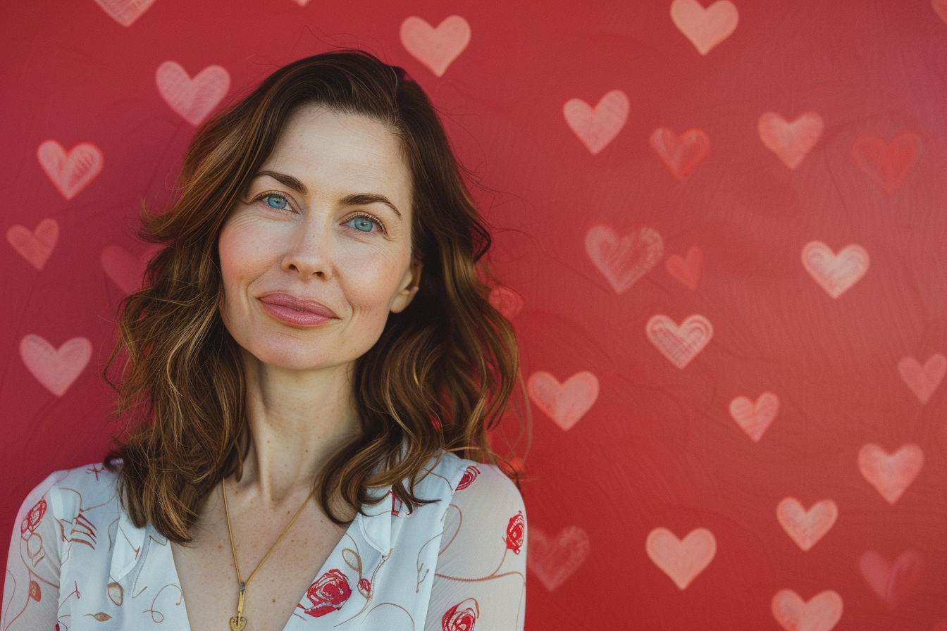 Image gratuite Mère caucasienne brune yeux bleus fête mères fond rouge 3