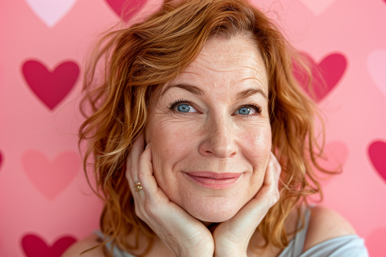 Image gratuite Mère caucasienne rousse yeux bleus fête mères fond rose 1