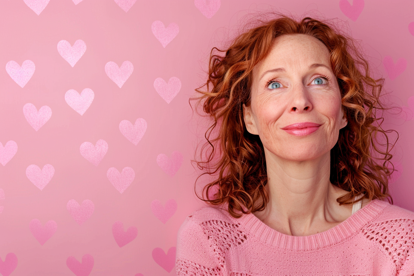 Image gratuite Mère caucasienne rousse yeux bleus fête mères fond rose 3