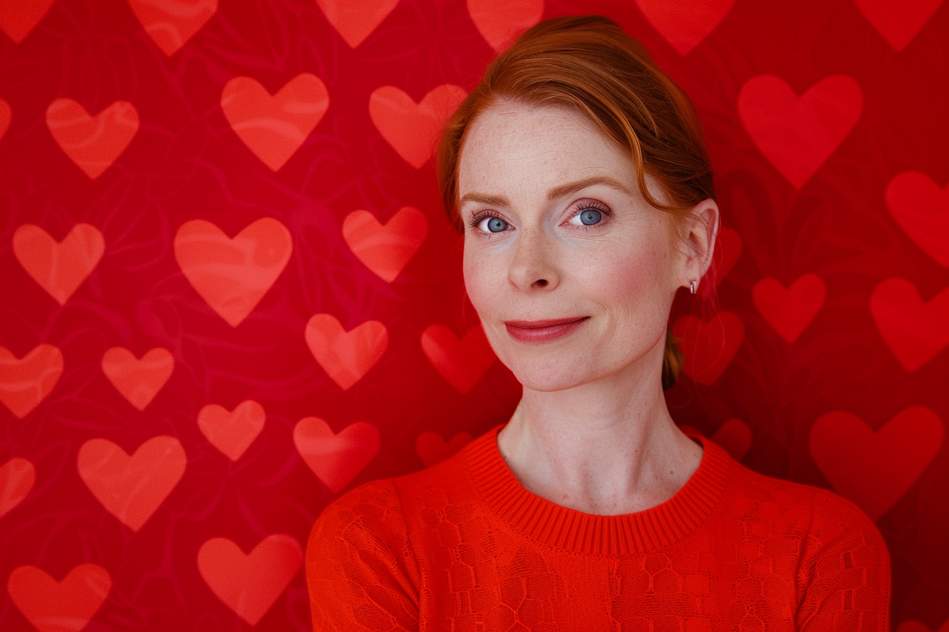 Image gratuite Mère caucasienne rousse yeux bleus fête mères fond rouge 1