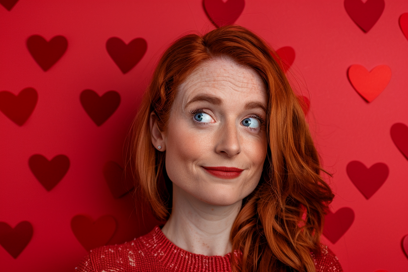 Image gratuite Mère caucasienne rousse yeux bleus fête mères fond rouge 2