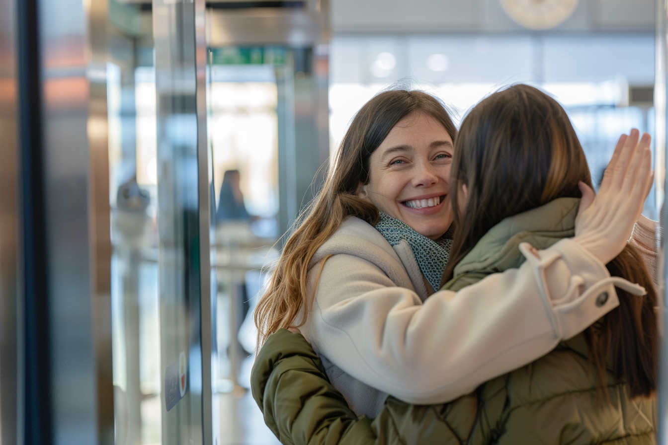 Image gratuite Mère et fille s’embrassant à la sécurité aéroportuaire 1