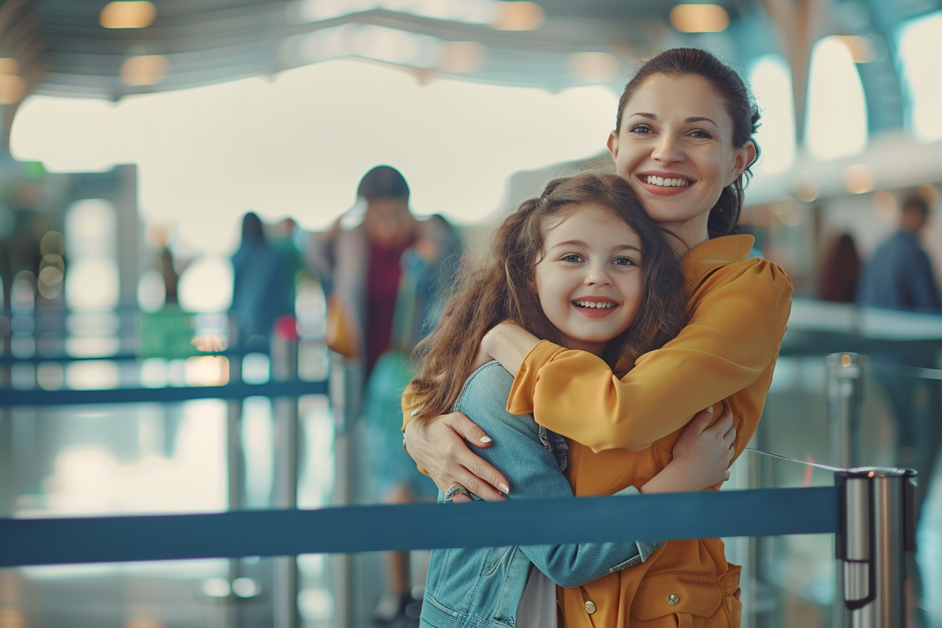 Image gratuite Mère et fille s’embrassant à la sécurité aéroportuaire 2