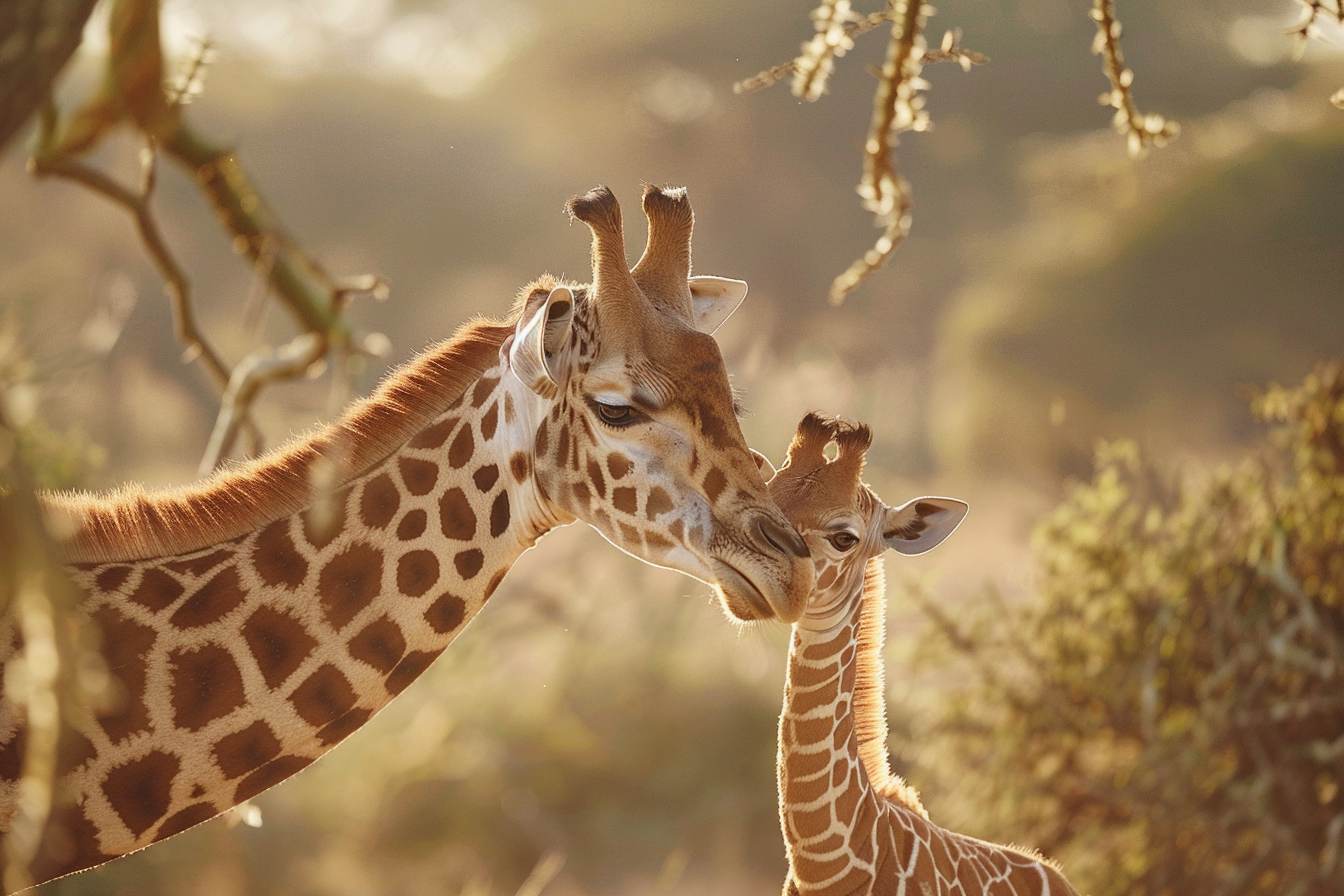 Image gratuite Mère girafe et petit se reposant sous acacia 1