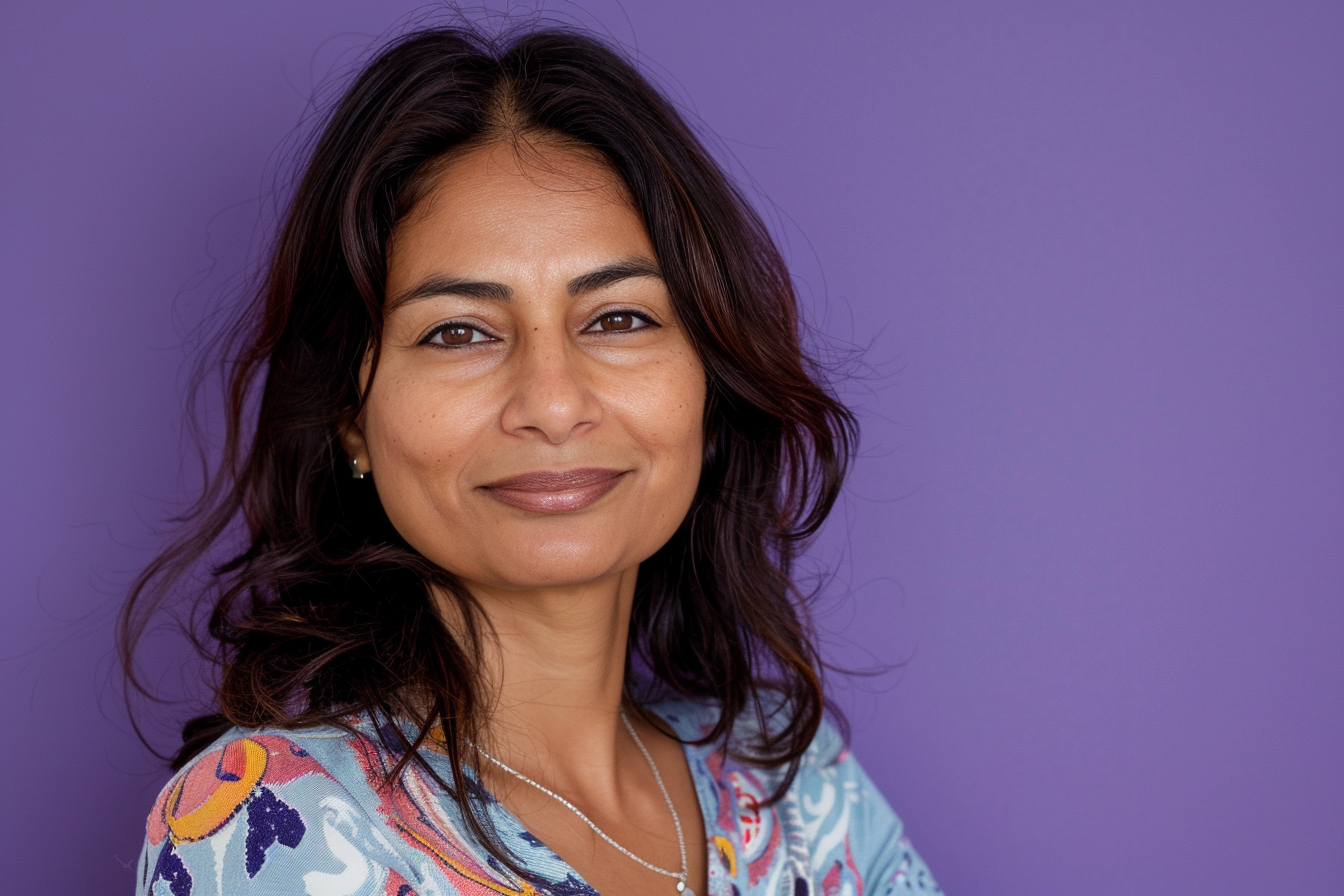 Image gratuite Mère indienne brune yeux noirs jour fête mères fond violet 1