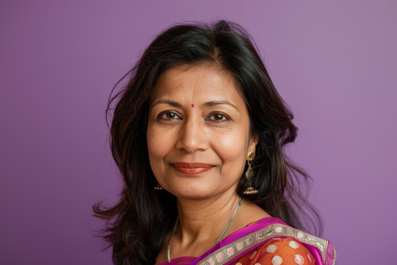 Image gratuite Mère indienne brune yeux noirs jour fête mères fond violet 2