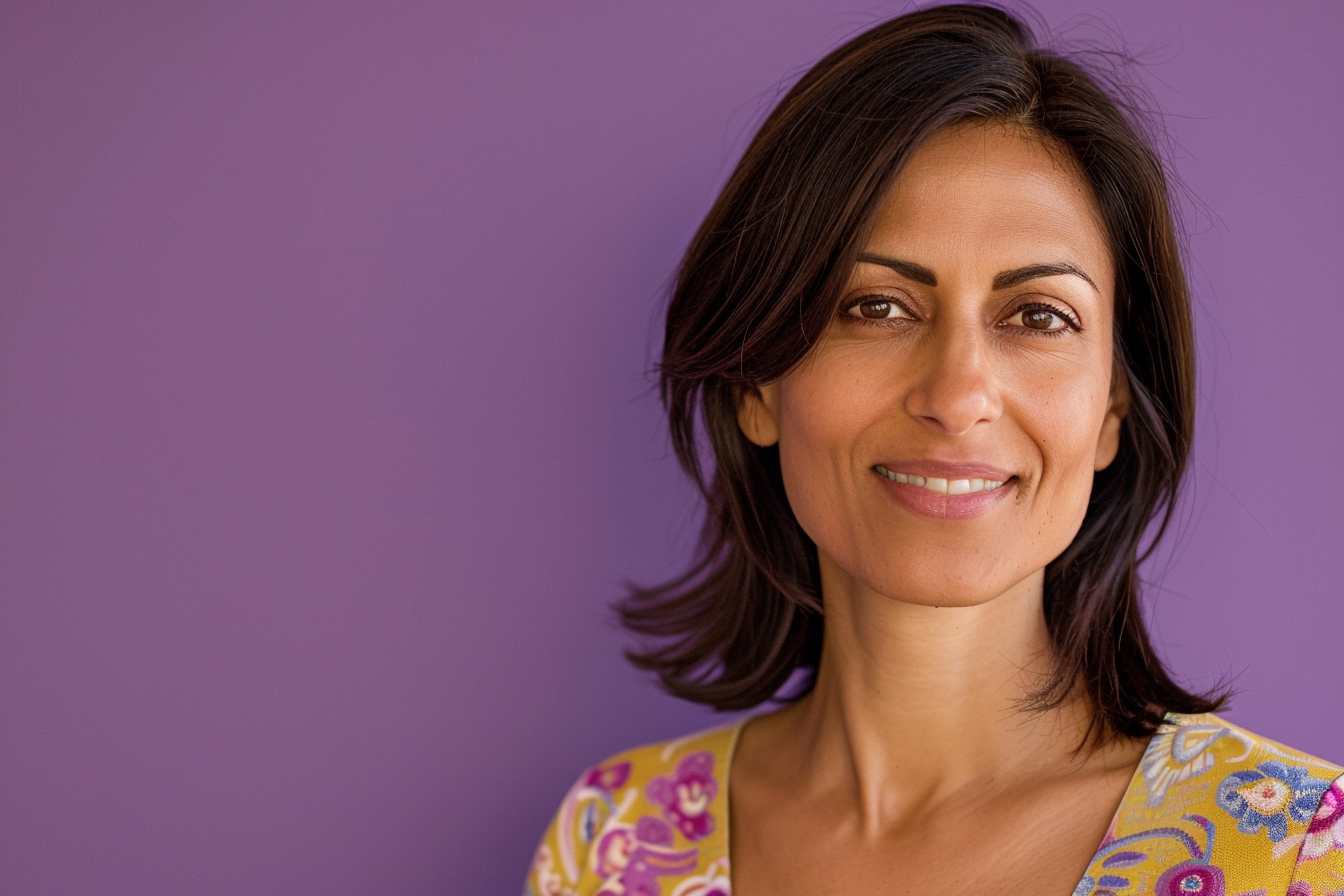 Image gratuite Mère indienne brune yeux noirs jour fête mères fond violet 3