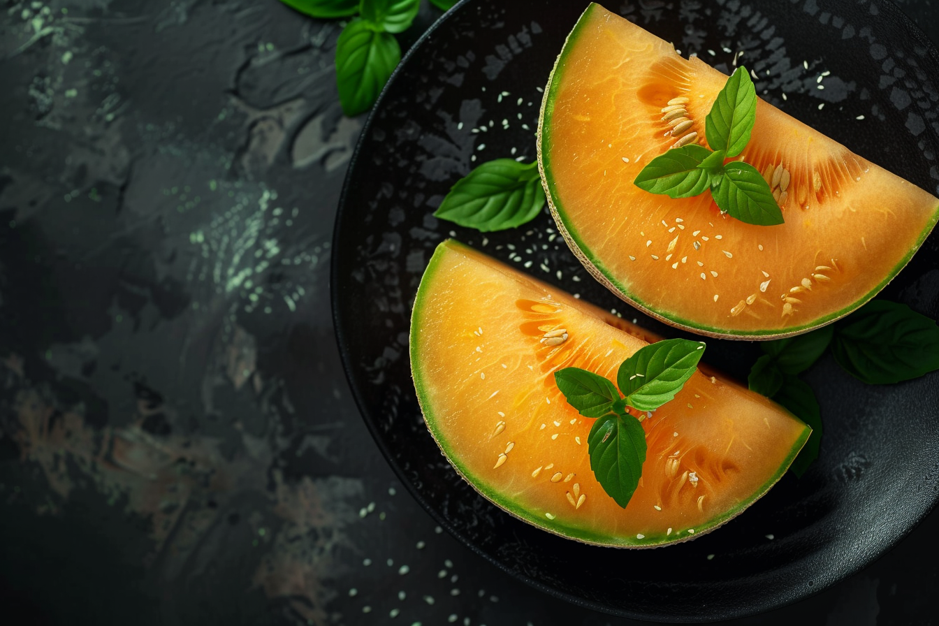 Image gratuite Moitiés de melon sur assiette noire 1