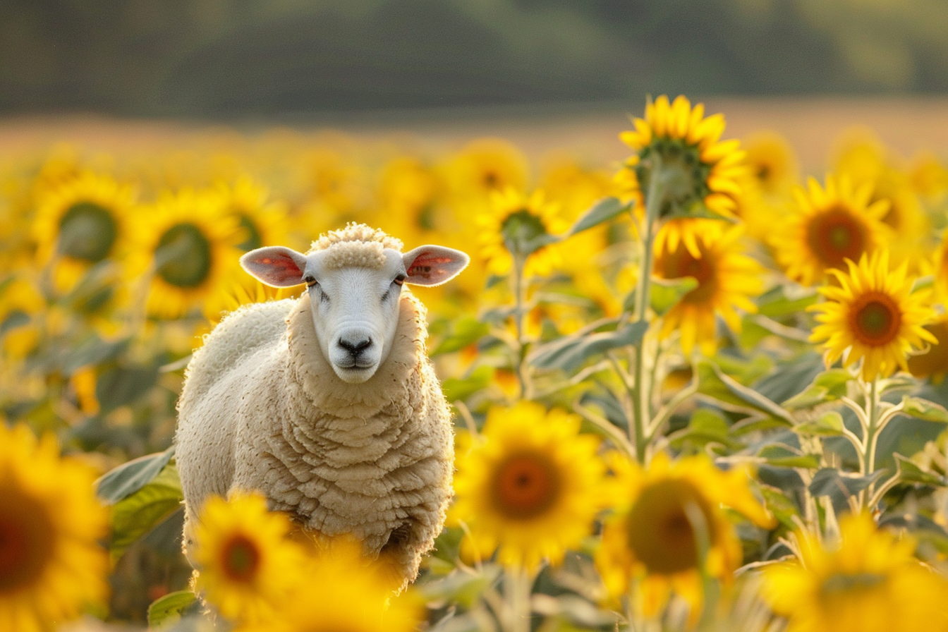 Image gratuite Mouton dans champ de tournesols 1