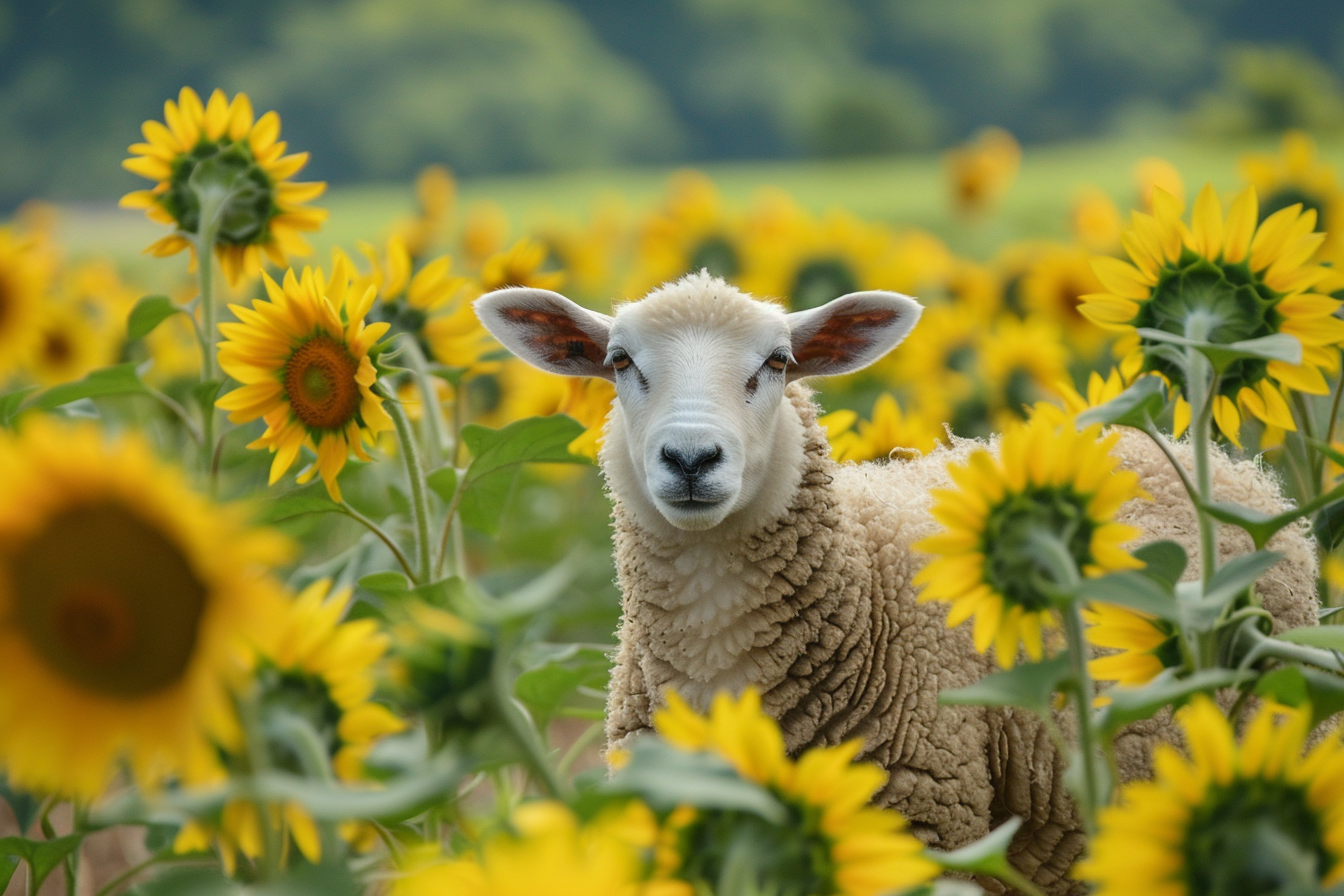 Image gratuite Mouton dans champ de tournesols 2
