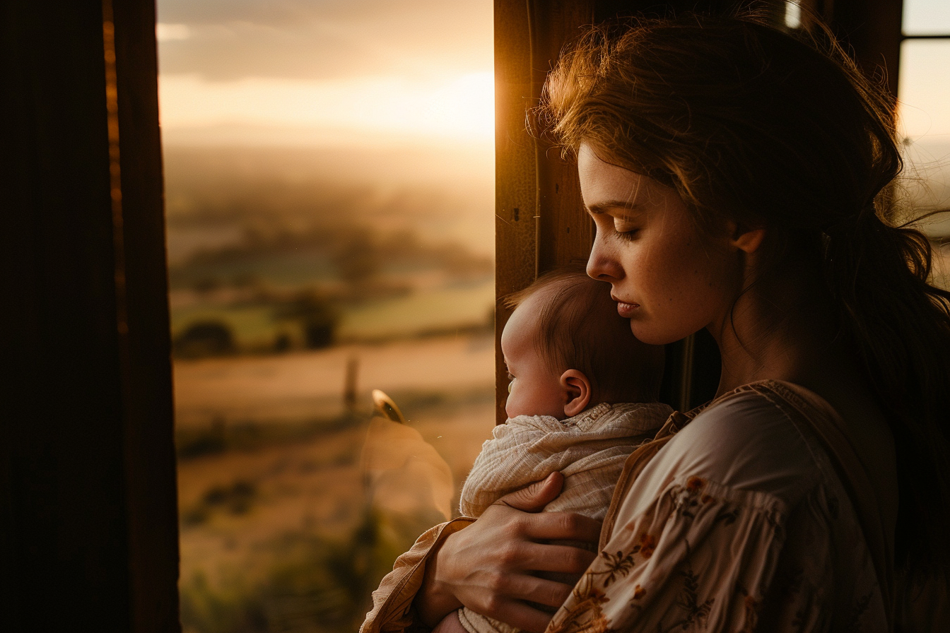 Image gratuite Nouveau-né dans les bras maternels regardant le paysage 1