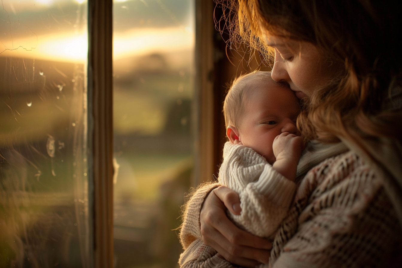Image gratuite Nouveau-né dans les bras maternels regardant le paysage 2
