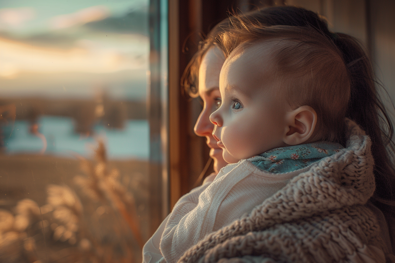 Image gratuite Nouveau-né dans les bras maternels regardant le paysage 3