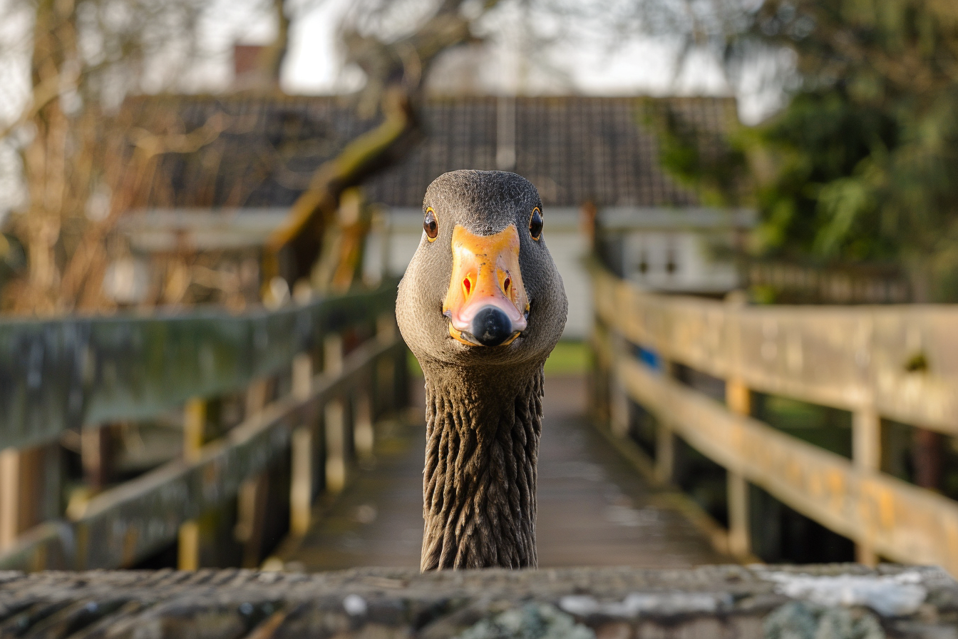 Image gratuite Oie curieuse sur pont en bois 1