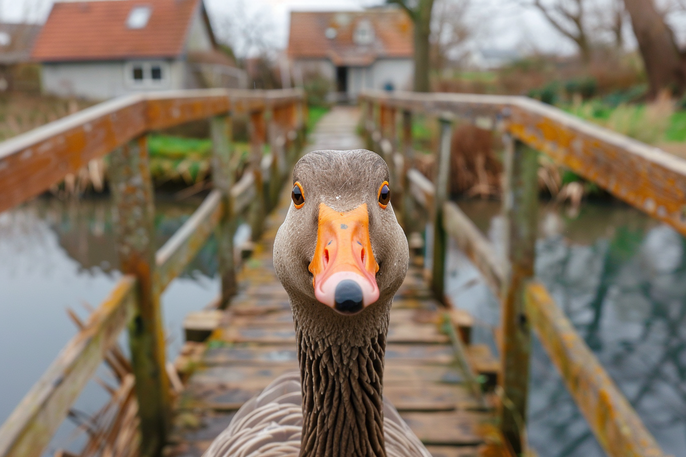 Image gratuite Oie curieuse sur pont en bois 2