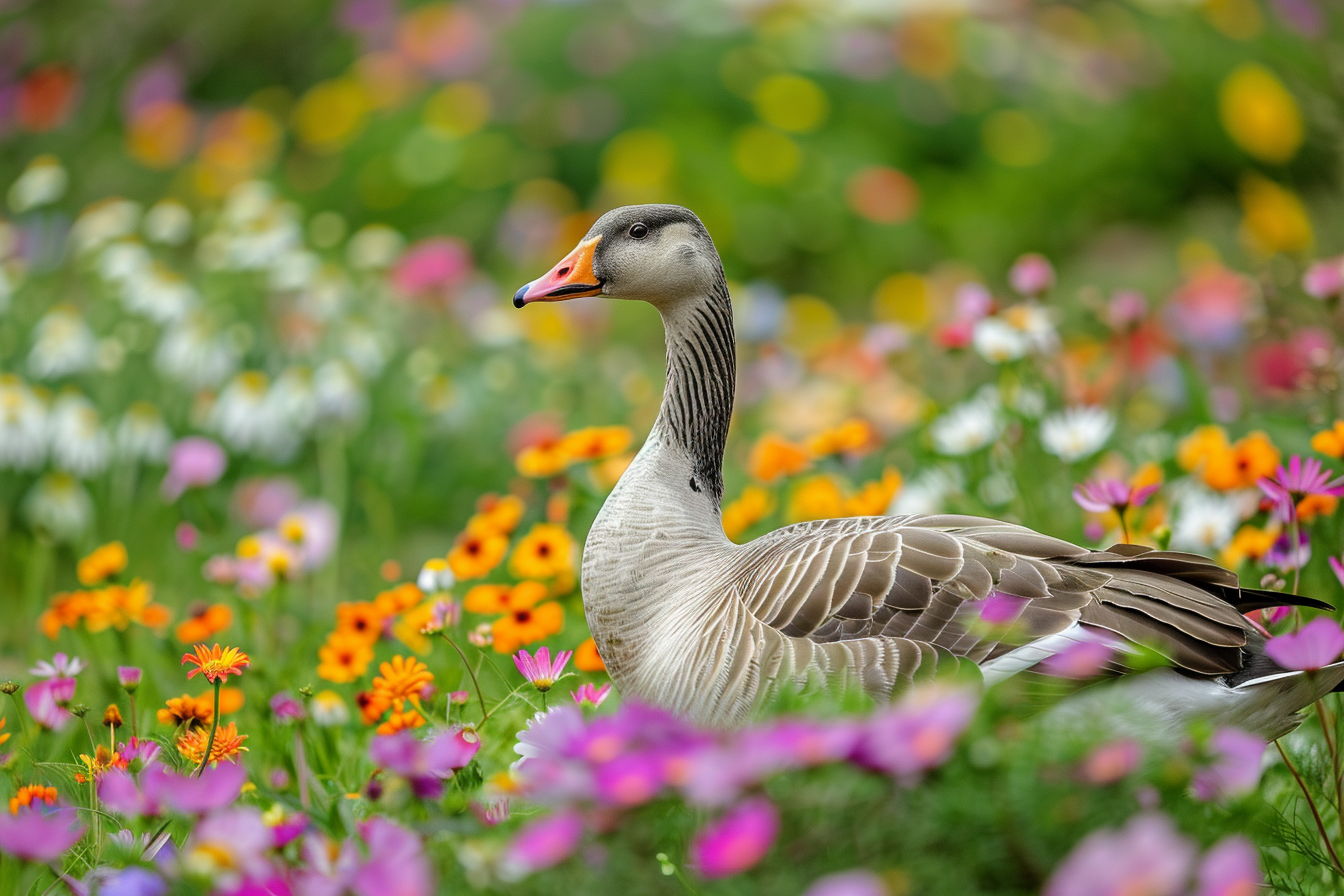 Image gratuite Oie dans champ de fleurs sauvages 1