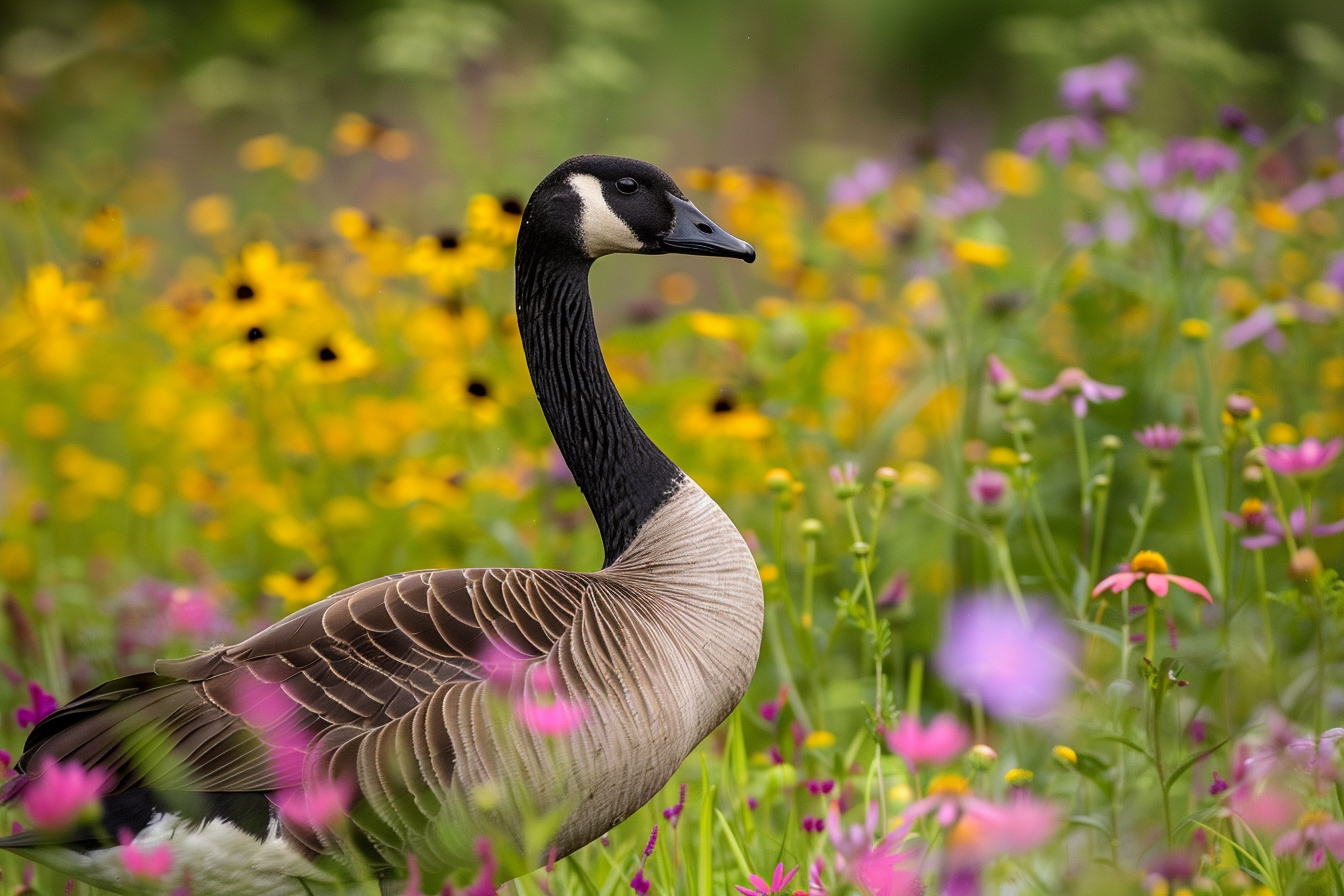 Image gratuite Oie dans champ de fleurs sauvages 2