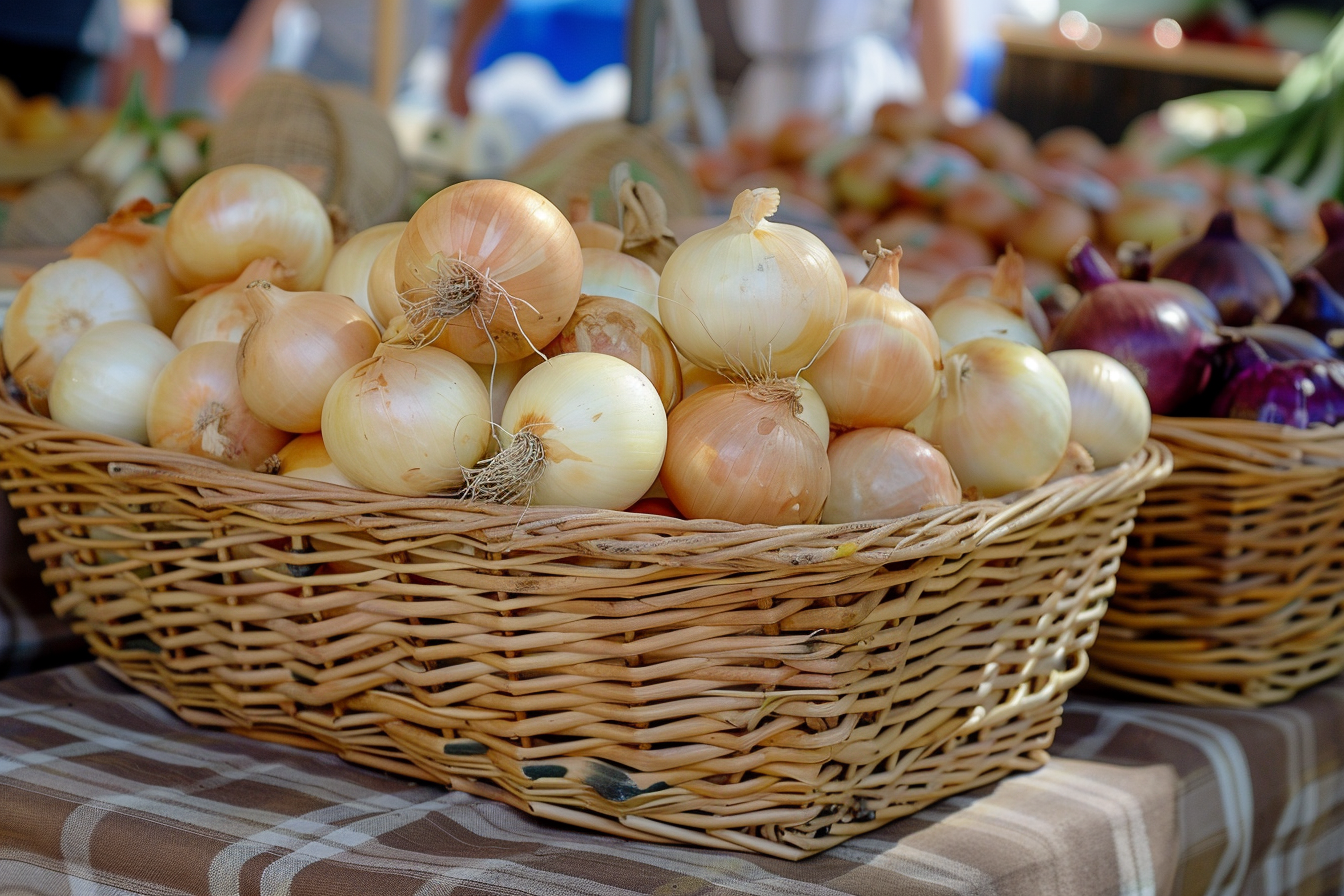 Image gratuite Oignons dans un panier au marché 1