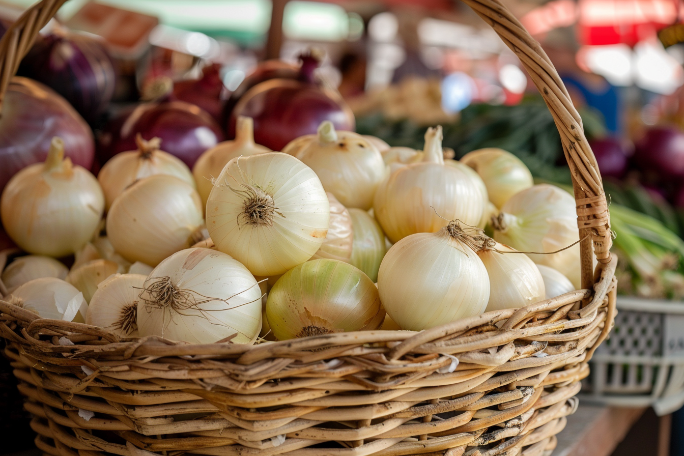 Image gratuite Oignons dans un panier au marché 2