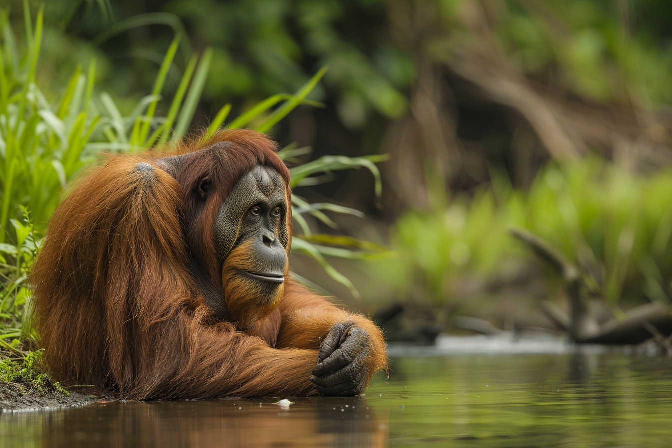 Image gratuite Orang-outan contemplatif près d&rsquo;un ruisseau 2