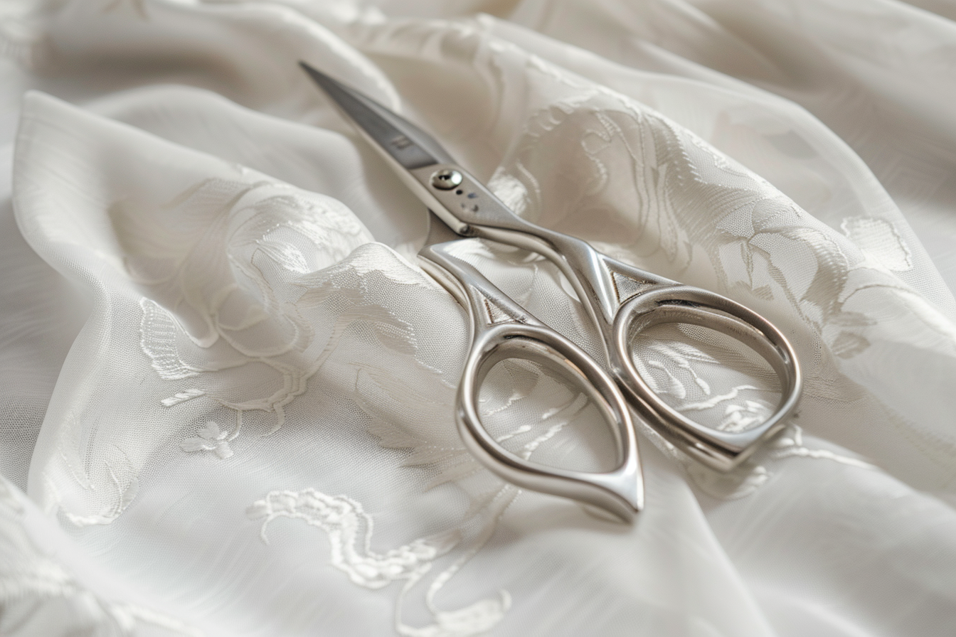 Image gratuite Paire de ciseaux argentés sur tissu blanc 1