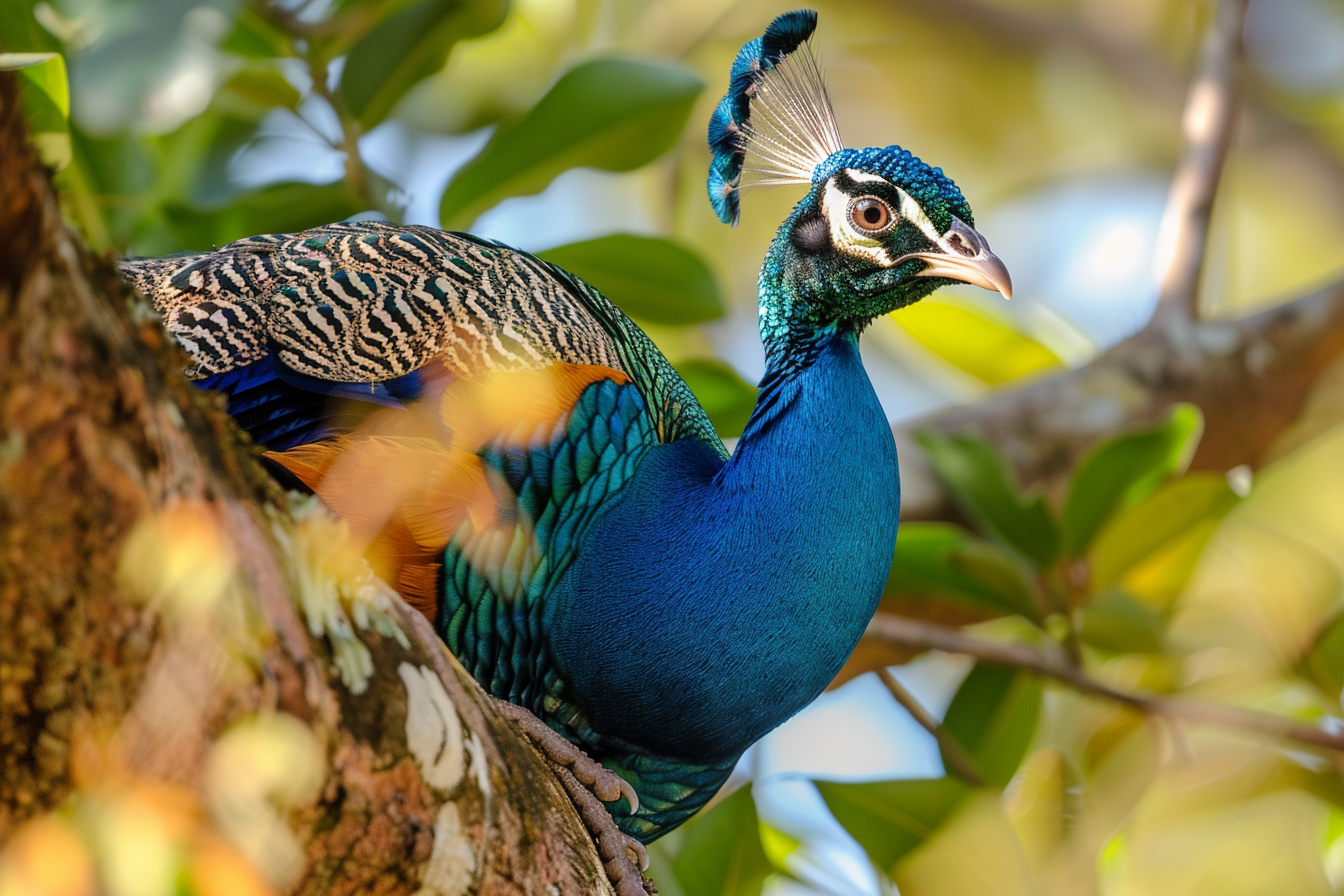 Image gratuite Paon curieux perché sur branche d&rsquo;arbre 1