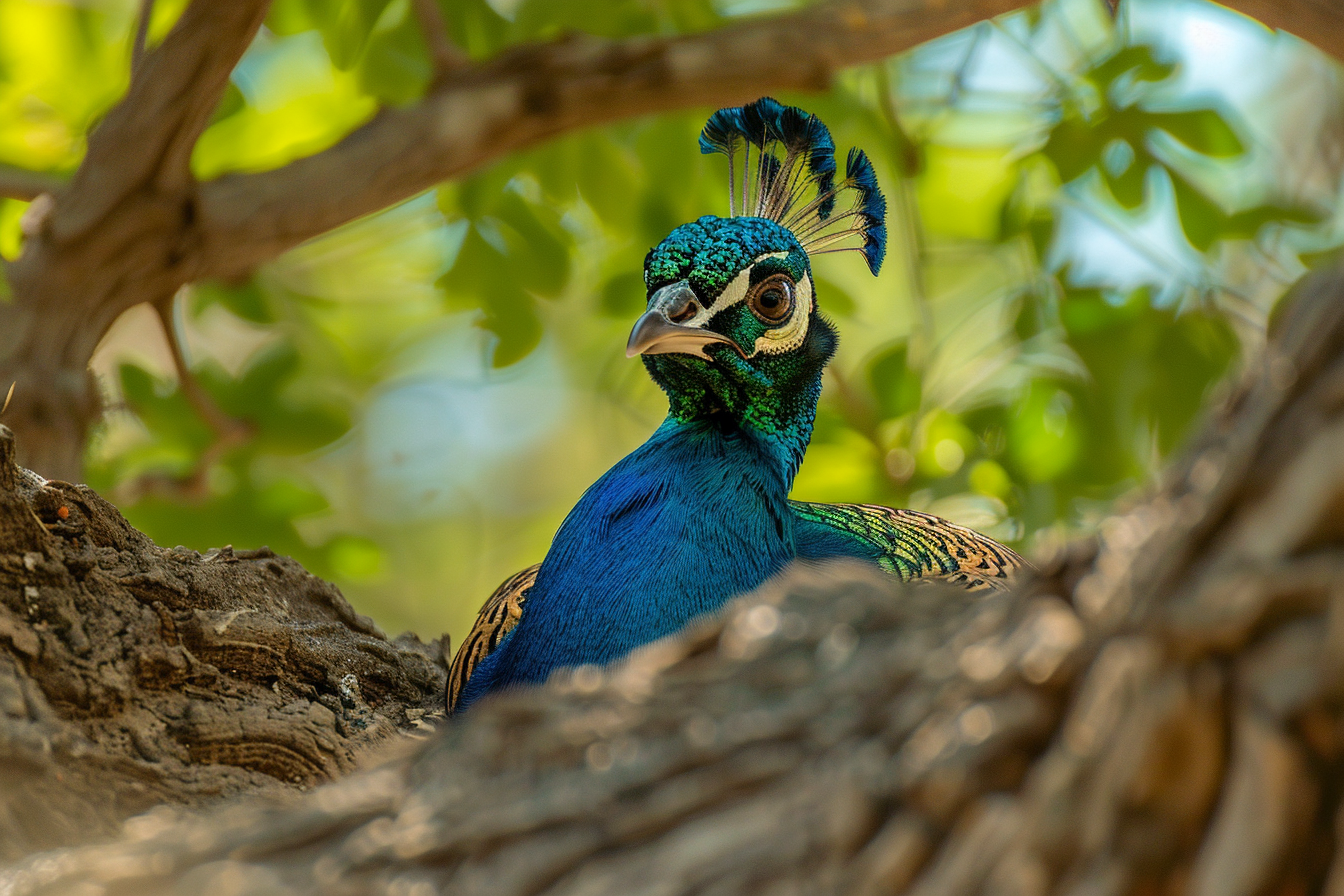 Image gratuite Paon curieux perché sur branche d&rsquo;arbre 2