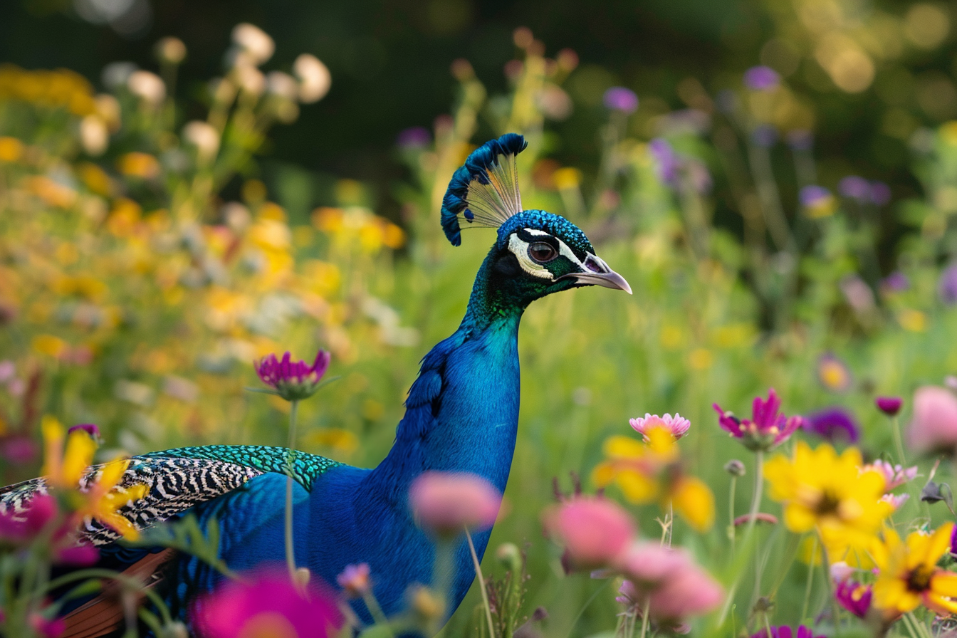 Image gratuite Paon dans champ de fleurs sauvages 1