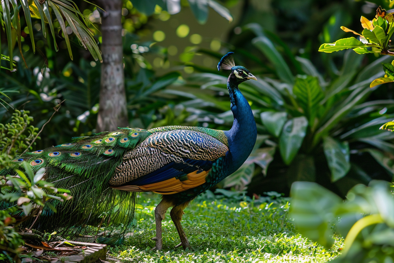 Image gratuite Paon exhibant son plumage dans jardin luxuriant 2