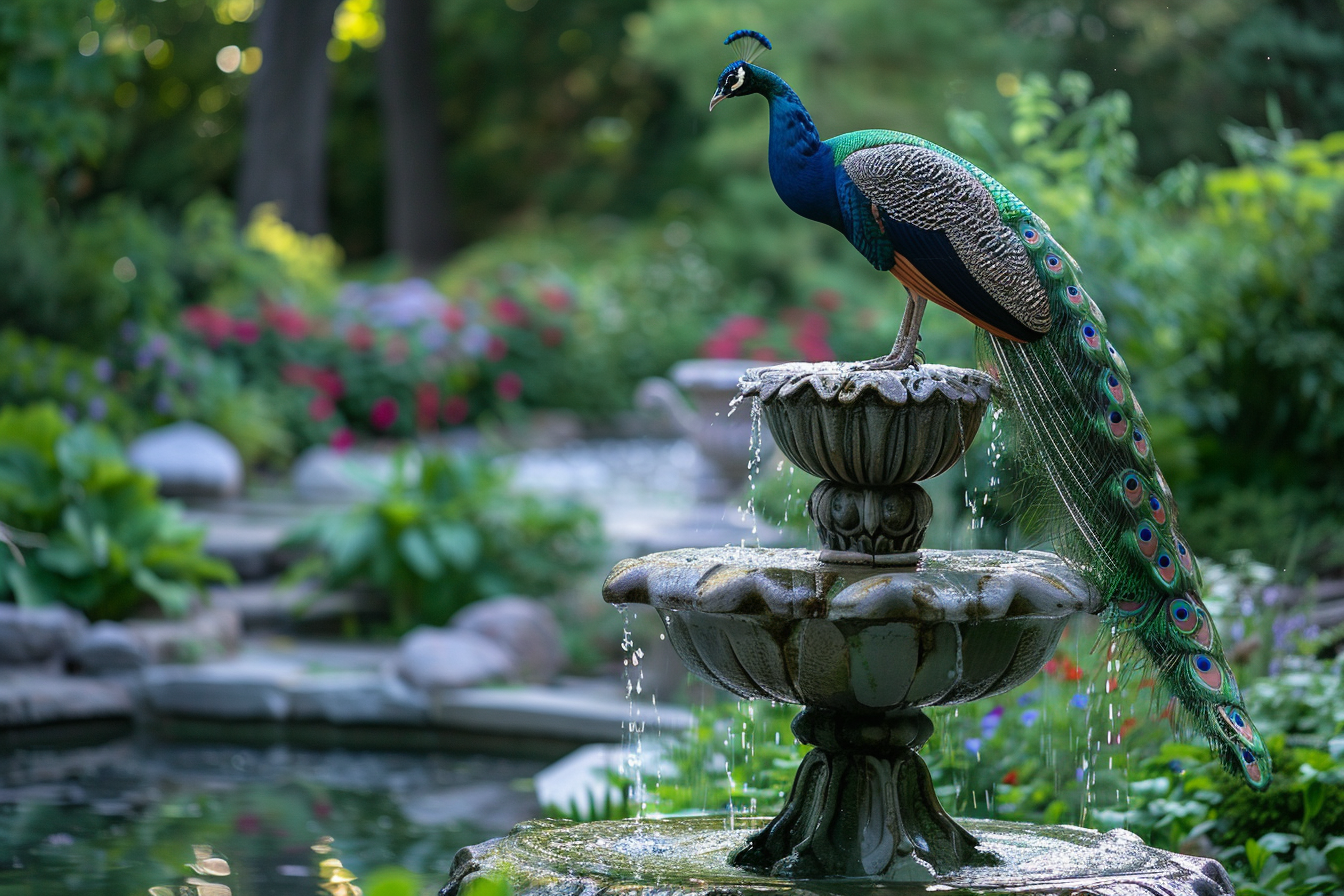 Image gratuite Paon perché sur fontaine en pierre 1