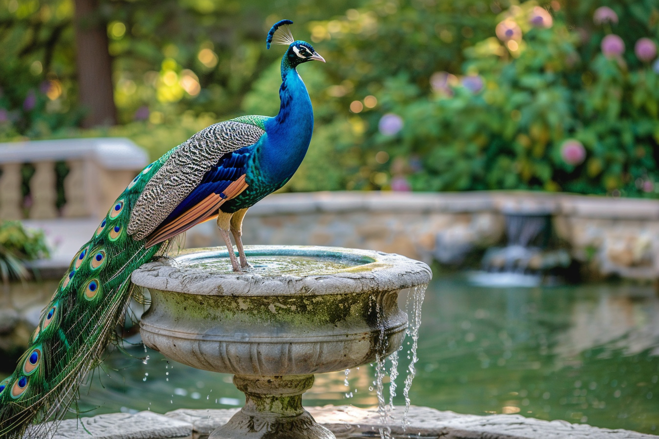 Image gratuite Paon perché sur fontaine en pierre 2