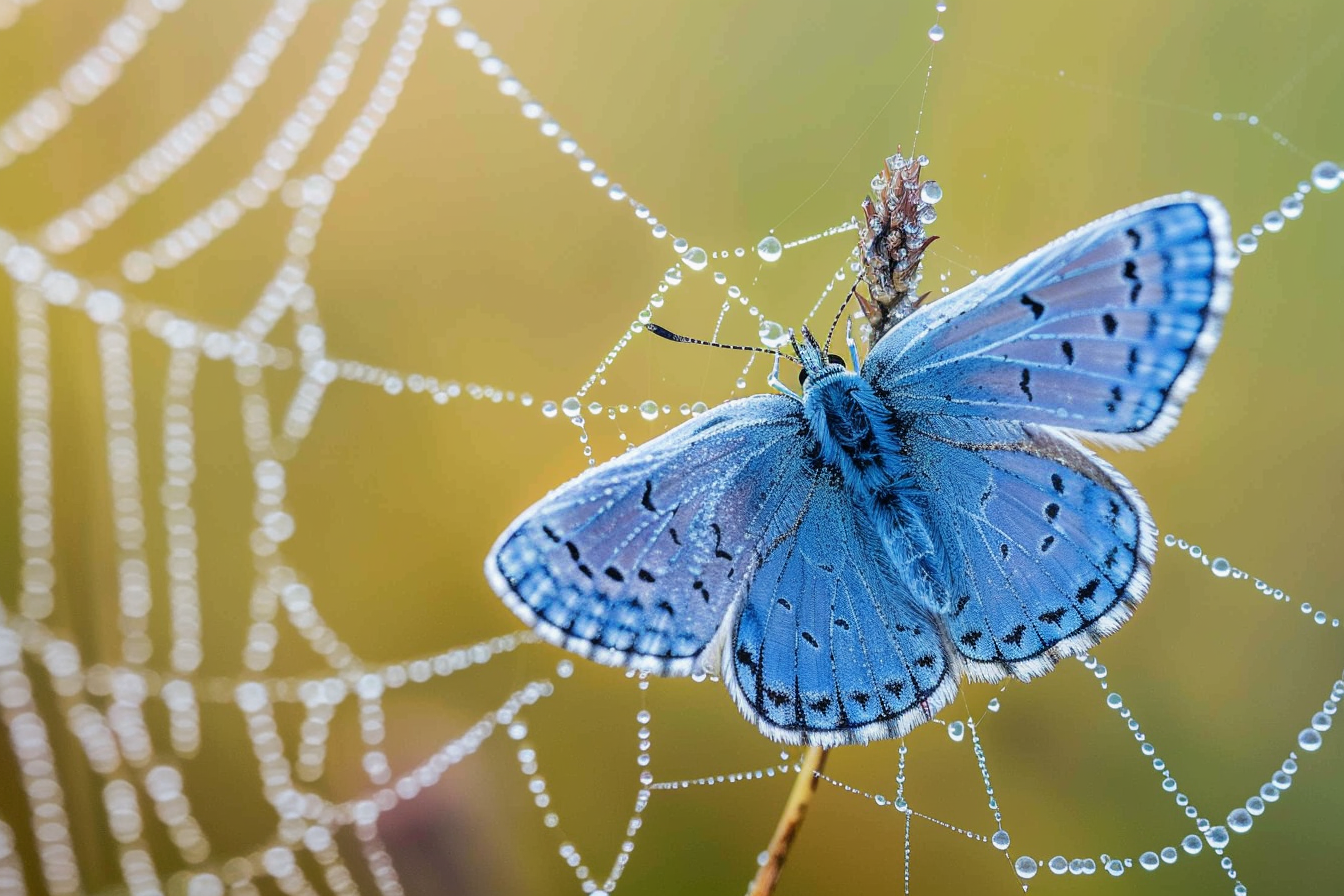 Image gratuite Papillon sur une toile couverte de rosée 1