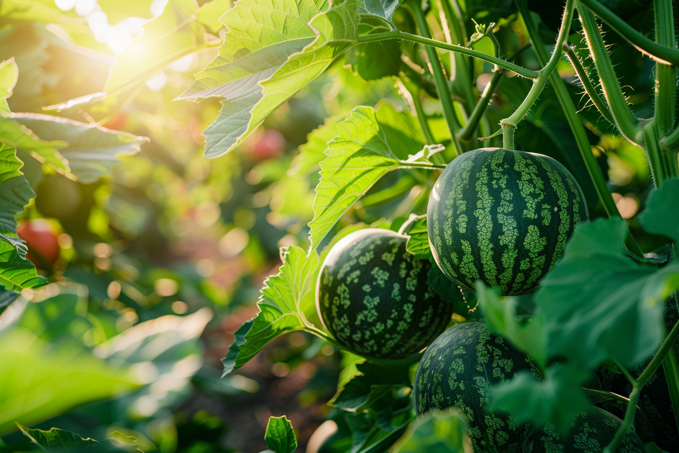Image gratuite Pastèques poussant sur vigne ensoleillée 1